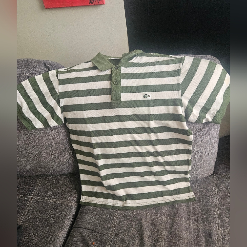 Lacoste Olive and White Striped Polo. 21ptp. Mens Medium